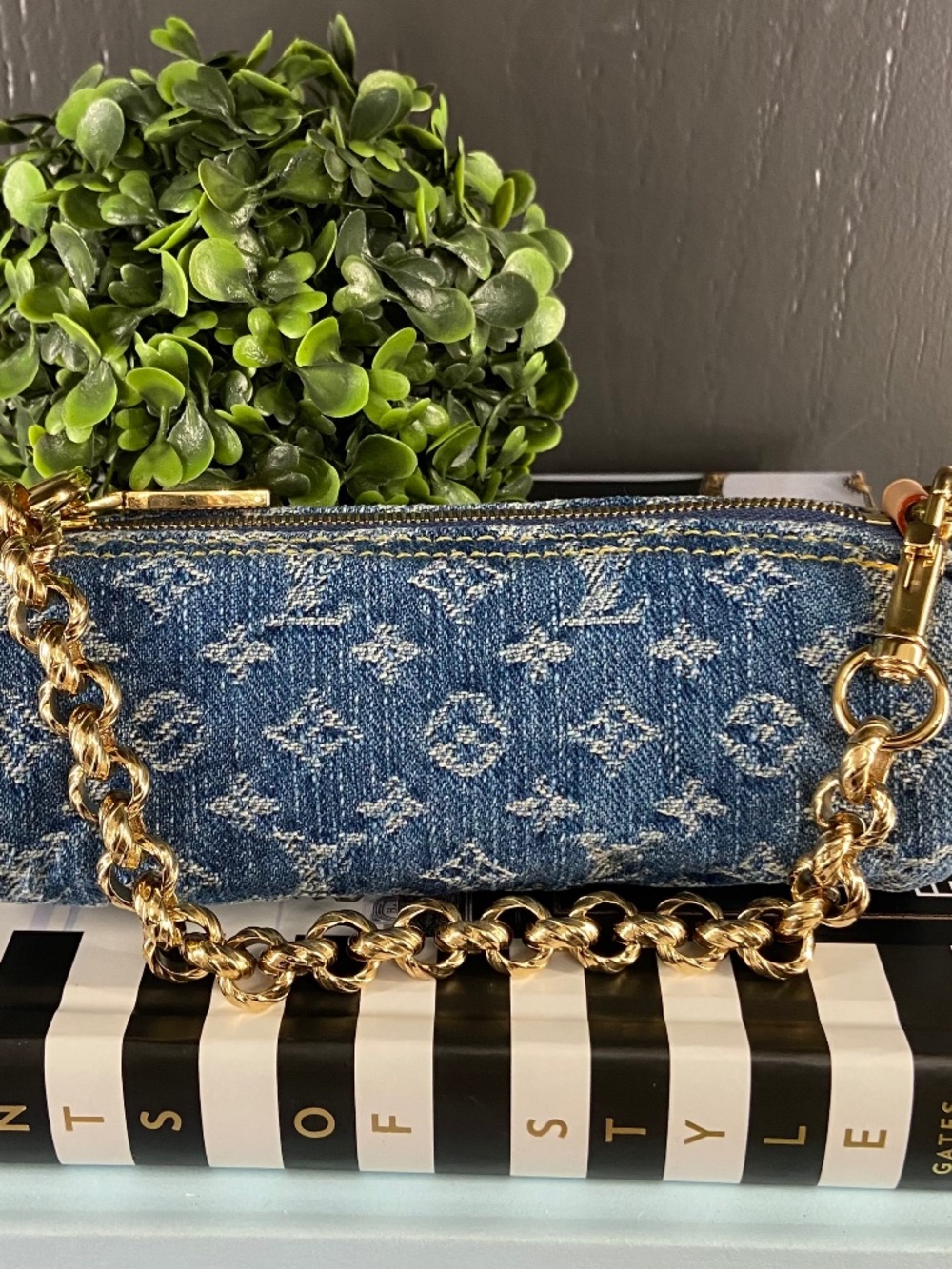Louis Vuitton Monogram Blue Denim Mini Papillon Bag Gold-Toned Chain Strap Auth.